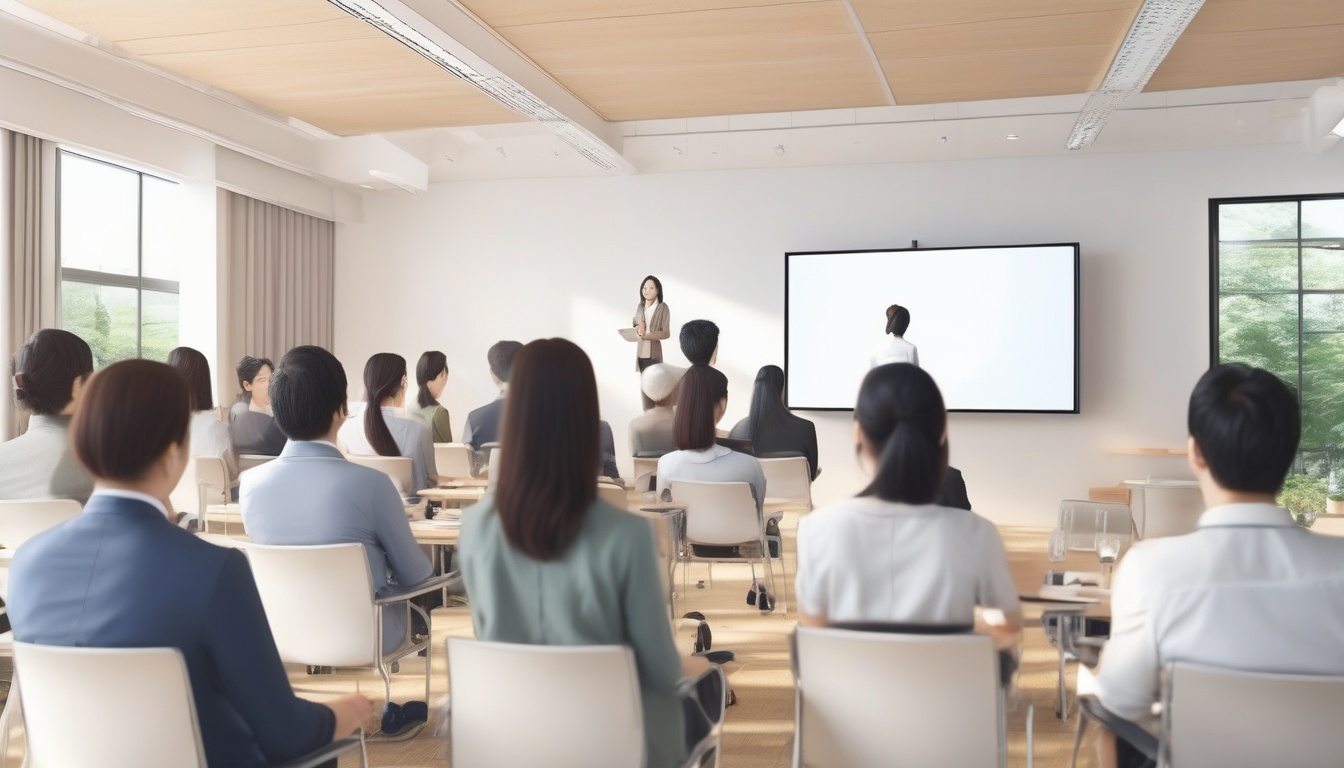 企業の健康セミナーに参加する日本の従業員